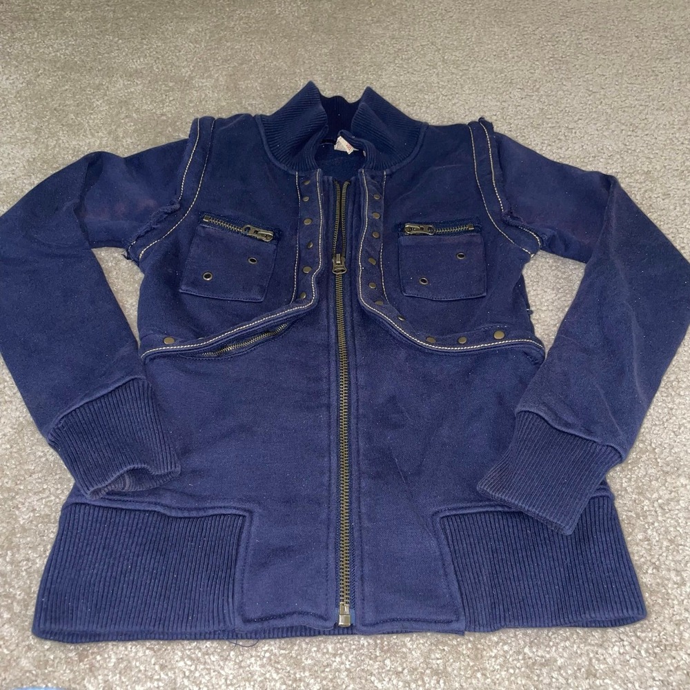BKE Womens Navy Blue Full Zip Utility Studded Cotton‎ Sweatshirt Small RN118090